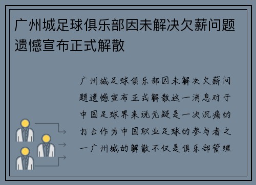 广州城足球俱乐部因未解决欠薪问题遗憾宣布正式解散